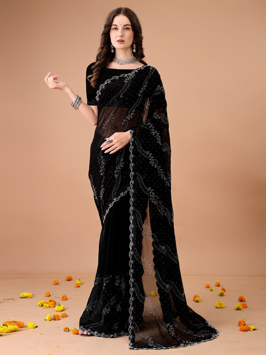 Leelavati Embroidered, Embellished Bollywood Georgette Saree (Black)