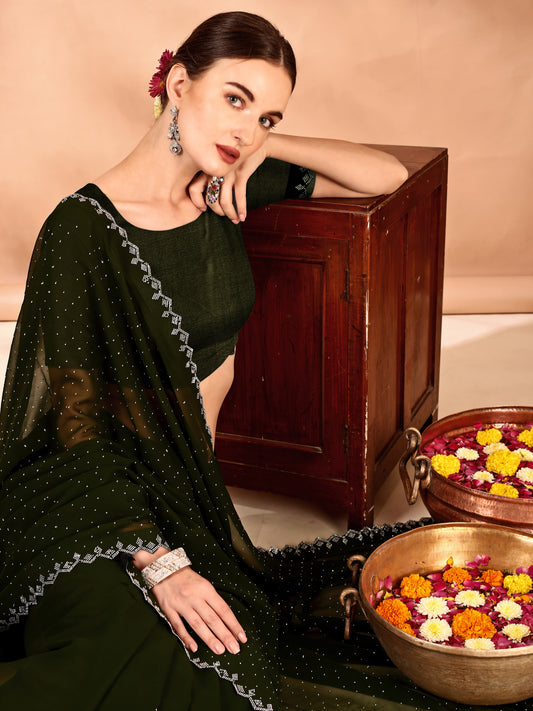 Leelavati Embellished Bollywood Chiffon Saree (Green)