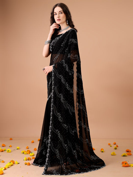 Leelavati Embroidered, Embellished Bollywood Georgette Saree (Black)