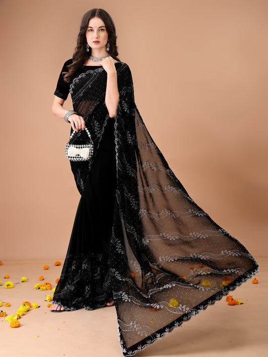 Leelavati Embroidered, Embellished Bollywood Georgette Saree (Black)
