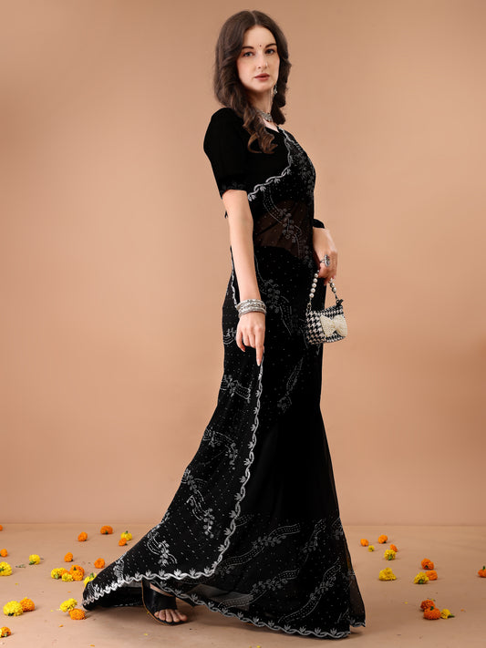 Leelavati Embroidered, Embellished Bollywood Georgette Saree (Black)