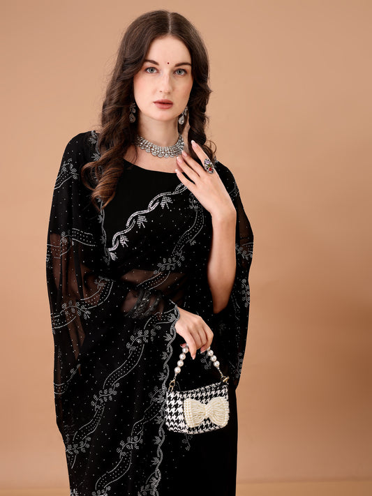 Leelavati Embroidered, Embellished Bollywood Georgette Saree (Black)