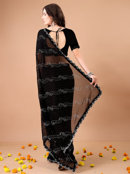 Leelavati Embroidered, Embellished Bollywood Georgette Saree (Black)
