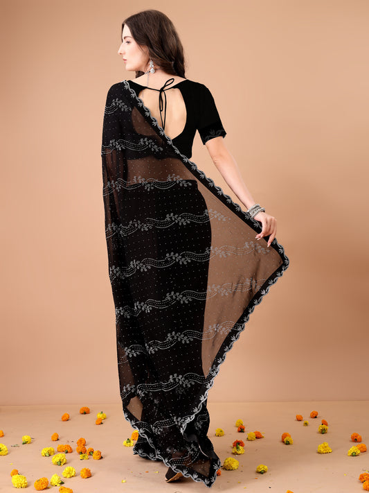 Leelavati Embroidered, Embellished Bollywood Georgette Saree (Black)