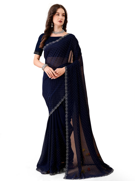 Leelavati Embroidered, Embellished Bollywood Georgette Saree (Dark Blue)