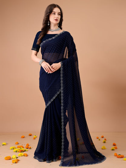 Leelavati Embroidered, Embellished Bollywood Georgette Saree (Dark Blue)