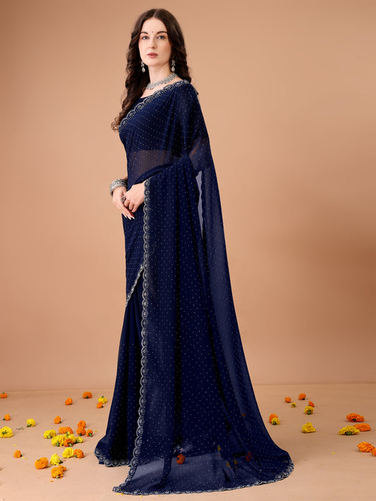 Leelavati Embroidered, Embellished Bollywood Georgette Saree (Dark Blue)