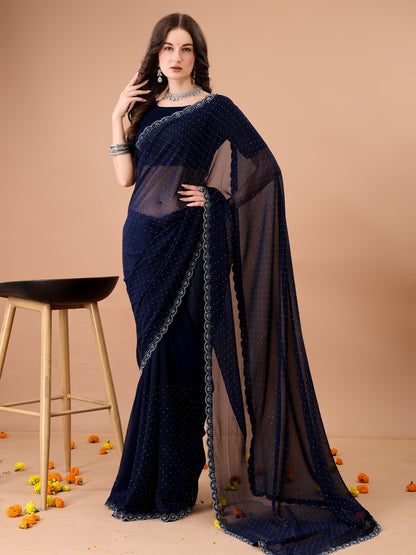 Leelavati Embroidered, Embellished Bollywood Georgette Saree (Dark Blue)