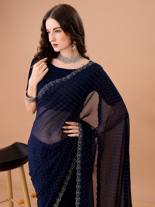 Leelavati Embroidered, Embellished Bollywood Georgette Saree (Dark Blue)