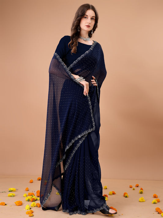 Leelavati Embroidered, Embellished Bollywood Georgette Saree (Dark Blue)