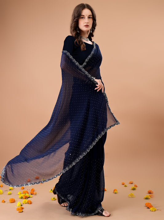 Leelavati Embroidered, Embellished Bollywood Georgette Saree (Dark Blue)