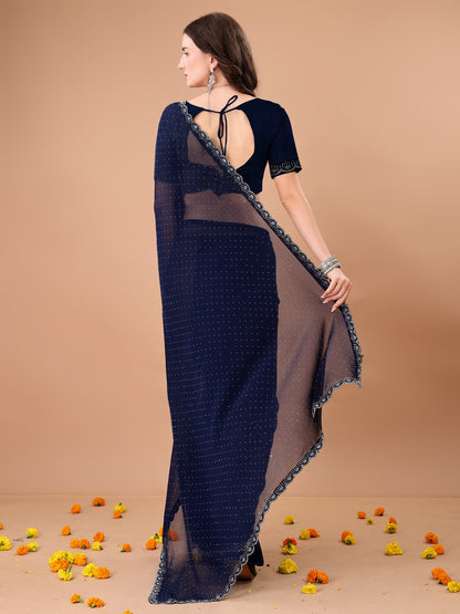Leelavati Embroidered, Embellished Bollywood Georgette Saree (Dark Blue)