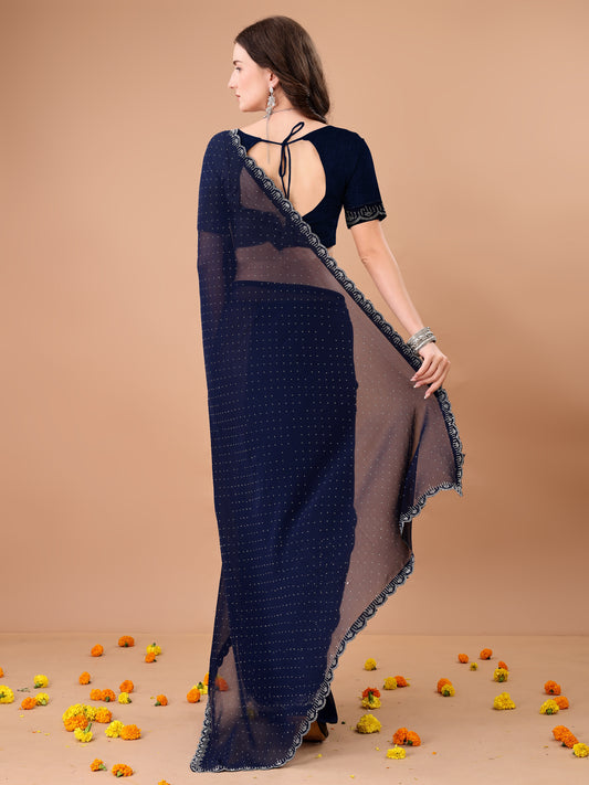 Leelavati Embroidered, Embellished Bollywood Georgette Saree (Dark Blue)