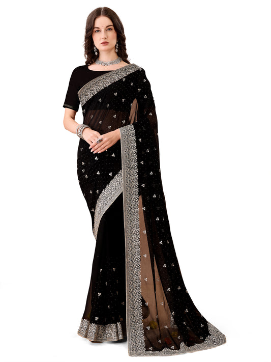 Leelavati Embroidered, Embellished, Woven Bollywood Georgette Saree (Black)