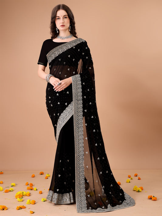 Leelavati Embroidered, Embellished, Woven Bollywood Georgette Saree (Black)
