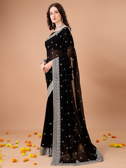 Leelavati Embroidered, Embellished, Woven Bollywood Georgette Saree (Black)