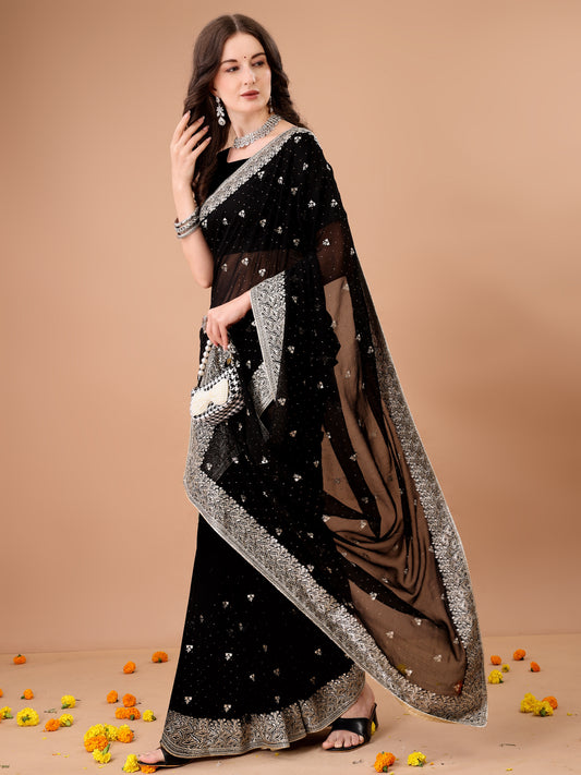 Leelavati Embroidered, Embellished, Woven Bollywood Georgette Saree (Black)