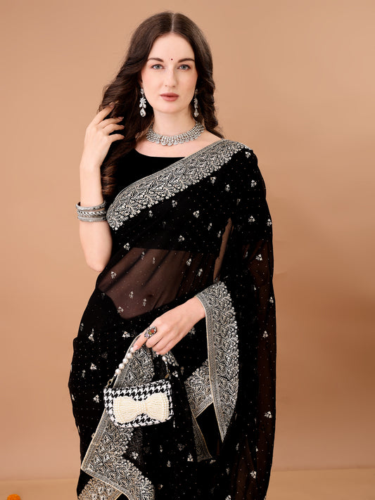 Leelavati Embroidered, Embellished, Woven Bollywood Georgette Saree (Black)