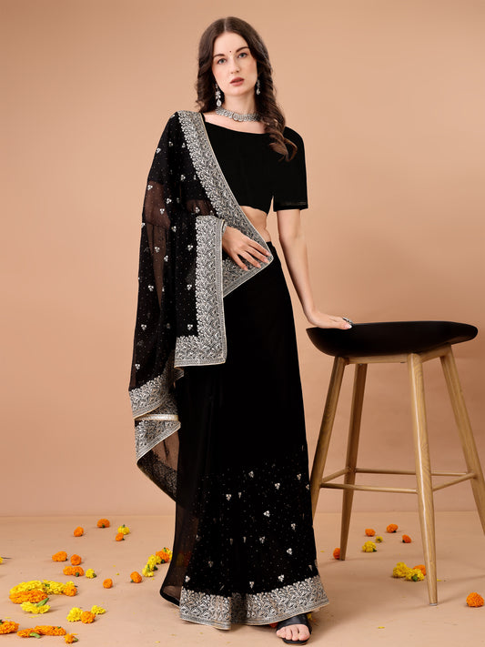 Leelavati Embroidered, Embellished, Woven Bollywood Georgette Saree (Black)