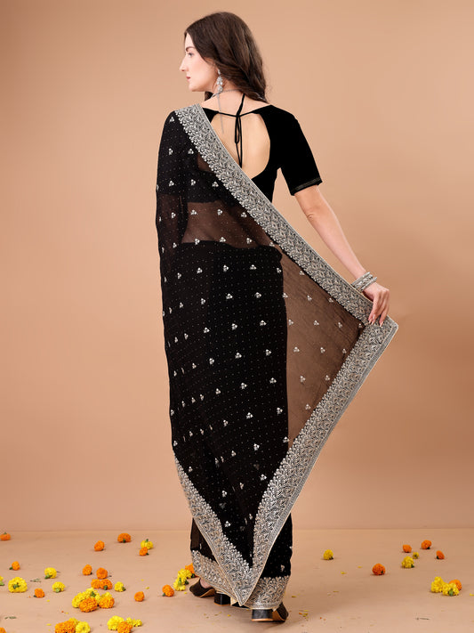 Leelavati Embroidered, Embellished, Woven Bollywood Georgette Saree (Black)