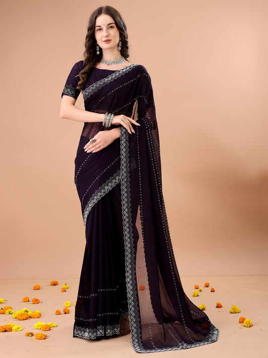 Leelavati Embellished Bollywood Chiffon Saree (Purple)