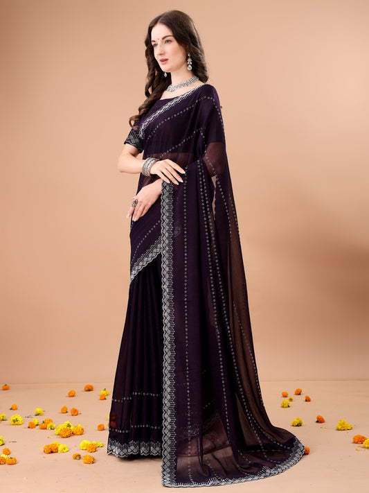 Leelavati Embellished Bollywood Chiffon Saree (Purple)