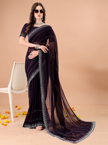 Leelavati Embellished Bollywood Chiffon Saree (Purple)