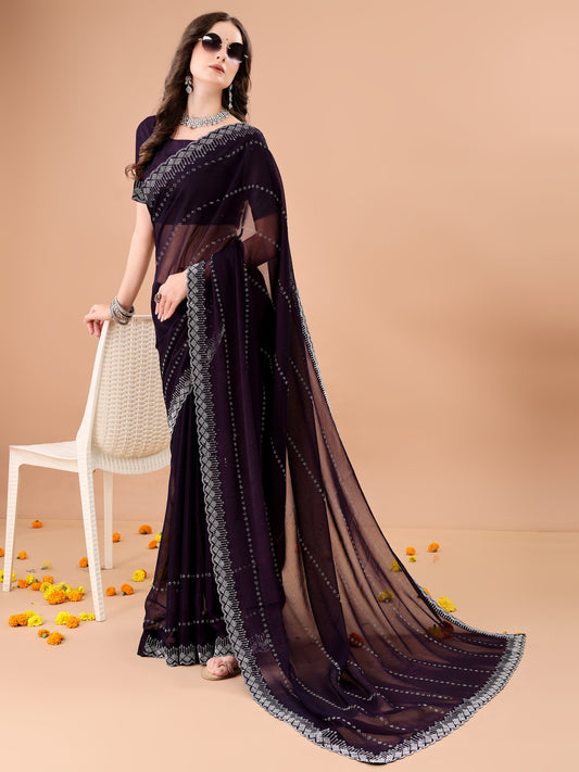 Leelavati Embellished Bollywood Chiffon Saree (Purple)