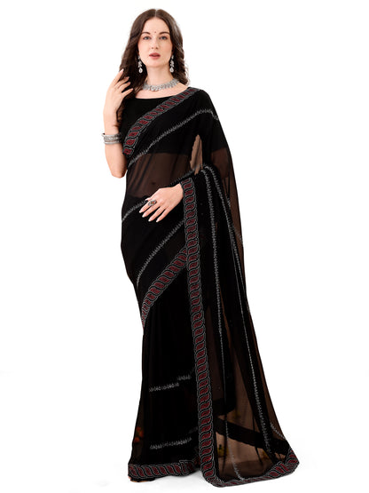 Leelavati Embroidered, Embellished Bollywood Georgette Saree (Black)