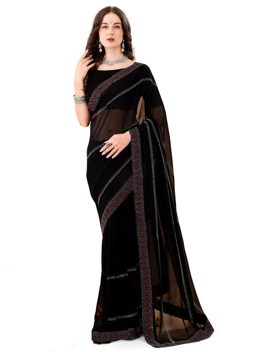 Leelavati Embroidered, Embellished Bollywood Georgette Saree (Black)