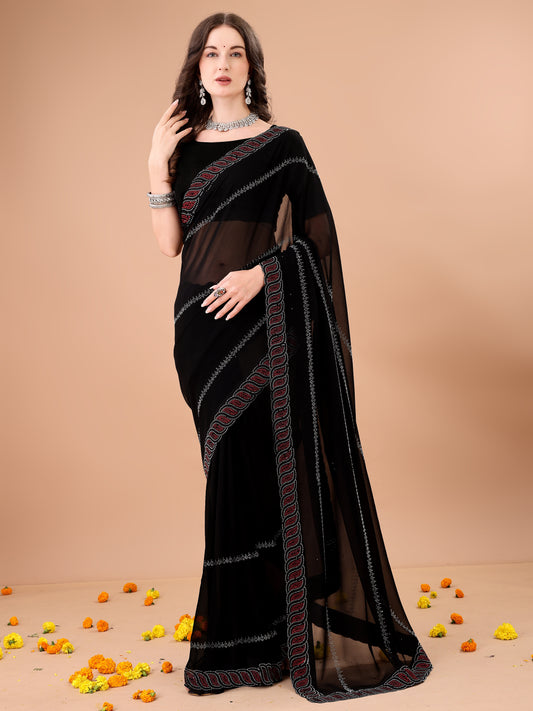 Leelavati Embroidered, Embellished Bollywood Georgette Saree (Black)
