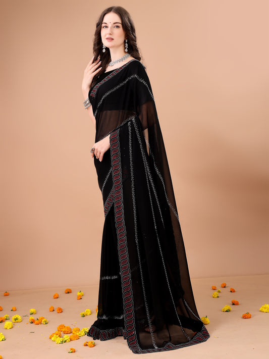 Leelavati Embroidered, Embellished Bollywood Georgette Saree (Black)