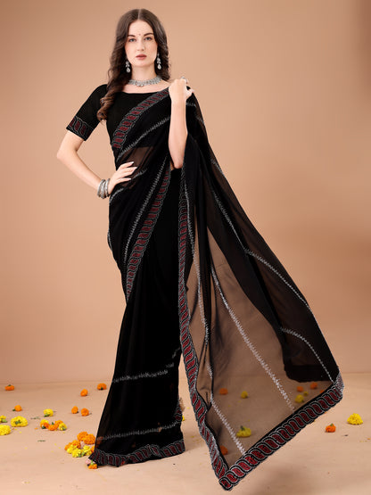 Leelavati Embroidered, Embellished Bollywood Georgette Saree (Black)