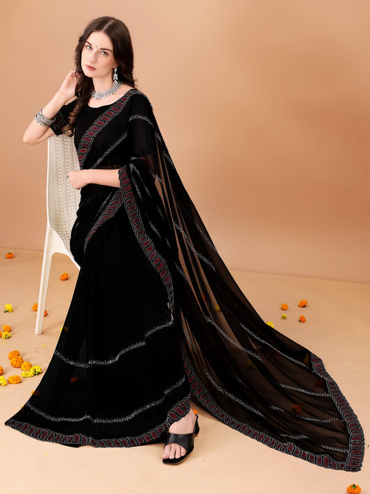 Leelavati Embroidered, Embellished Bollywood Georgette Saree (Black)