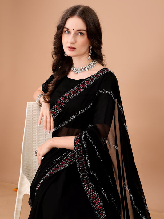 Leelavati Embroidered, Embellished Bollywood Georgette Saree (Black)