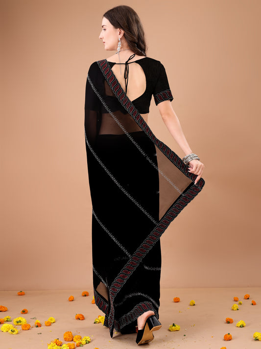Leelavati Embroidered, Embellished Bollywood Georgette Saree (Black)
