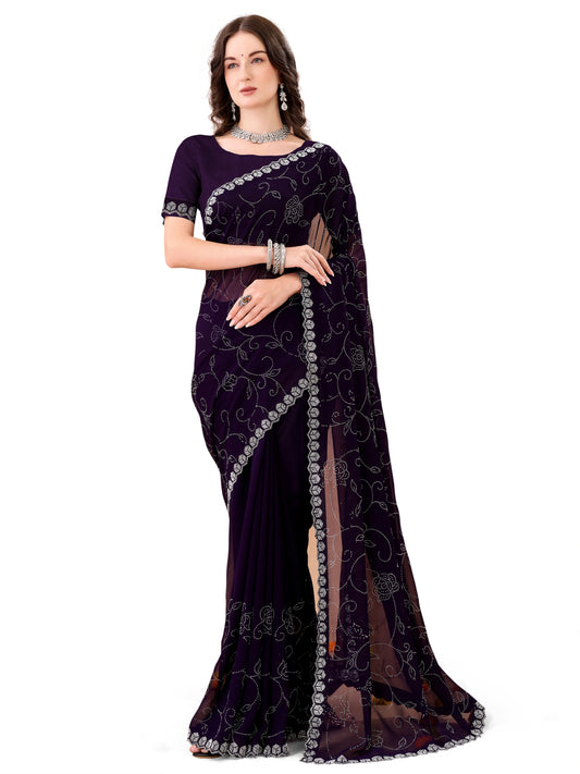 Leelavati Embroidered, Embellished Bollywood Georgette Saree (Purple)