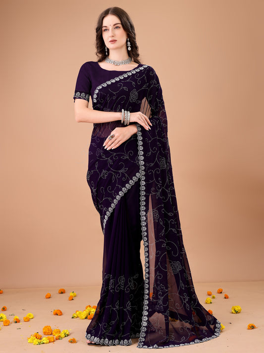 Leelavati Embroidered, Embellished Bollywood Georgette Saree (Purple)