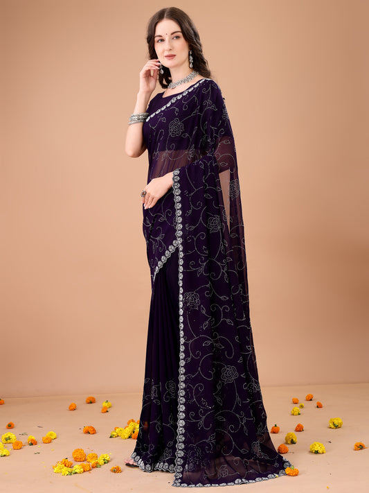 Leelavati Embroidered, Embellished Bollywood Georgette Saree (Purple)