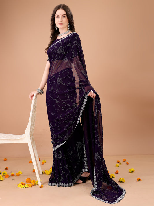Leelavati Embroidered, Embellished Bollywood Georgette Saree (Purple)