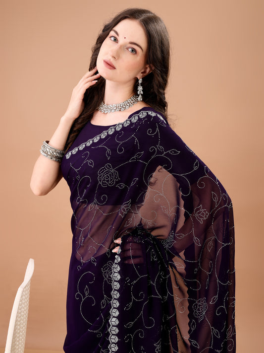 Leelavati Embroidered, Embellished Bollywood Georgette Saree (Purple)