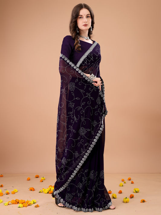 Leelavati Embroidered, Embellished Bollywood Georgette Saree (Purple)