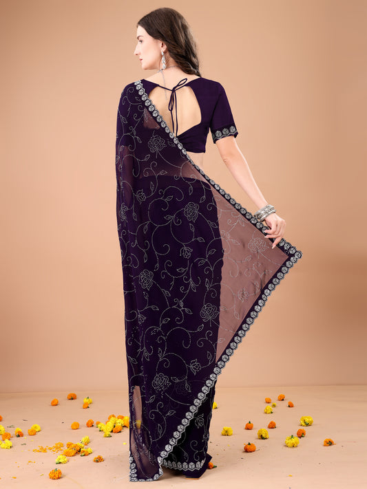 Leelavati Embroidered, Embellished Bollywood Georgette Saree (Purple)