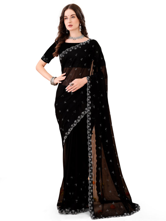 Leelavati Embroidered, Embellished Bollywood Georgette Saree (Black)