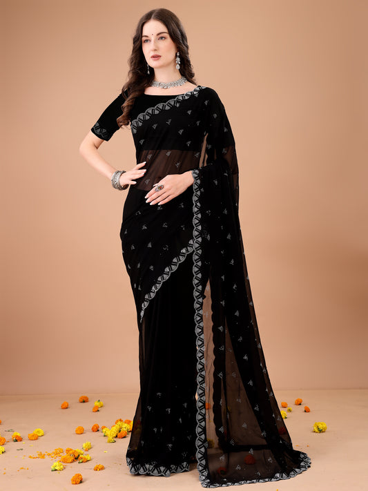 Leelavati Embroidered, Embellished Bollywood Georgette Saree (Black)