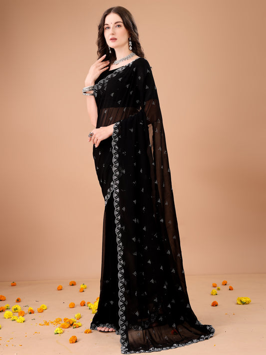 Leelavati Embroidered, Embellished Bollywood Georgette Saree (Black)