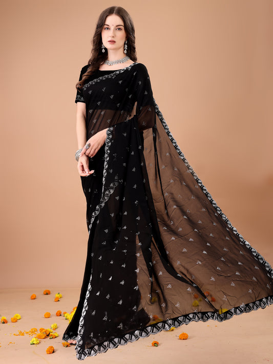 Leelavati Embroidered, Embellished Bollywood Georgette Saree (Black)