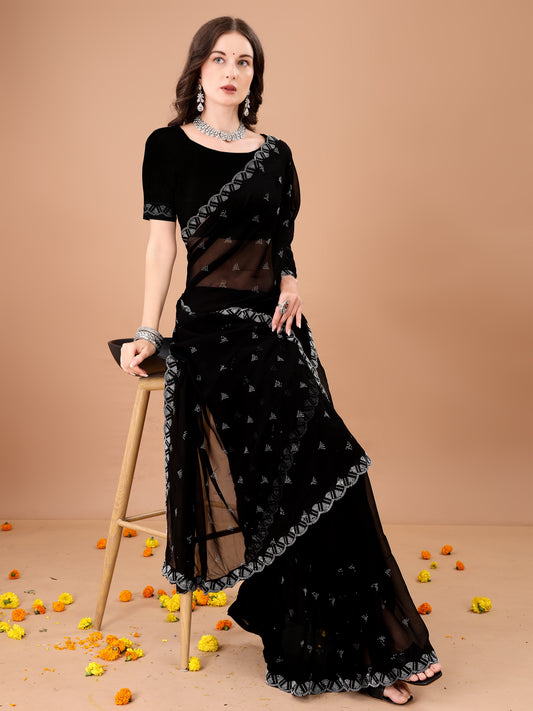 Leelavati Embroidered, Embellished Bollywood Georgette Saree (Black)