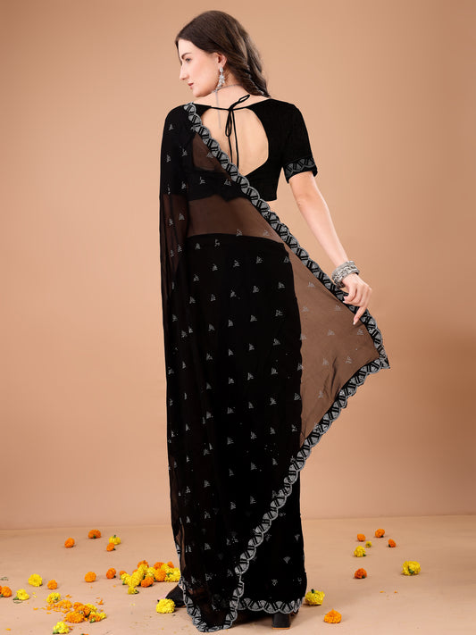 Leelavati Embroidered, Embellished Bollywood Georgette Saree (Black)