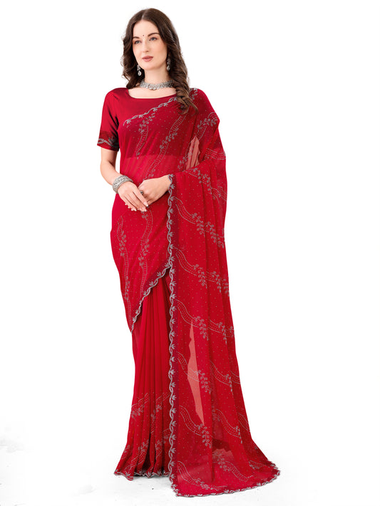 Leelavati Embroidered, Embellished Bollywood Georgette Saree (Red)